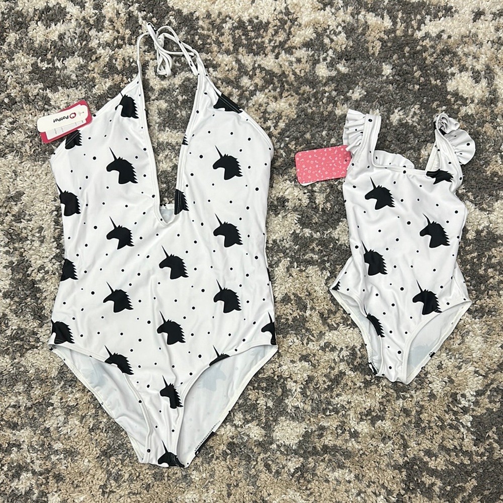 Matching Black and White Unicorn Swimsuit Set - Mom & Kid set